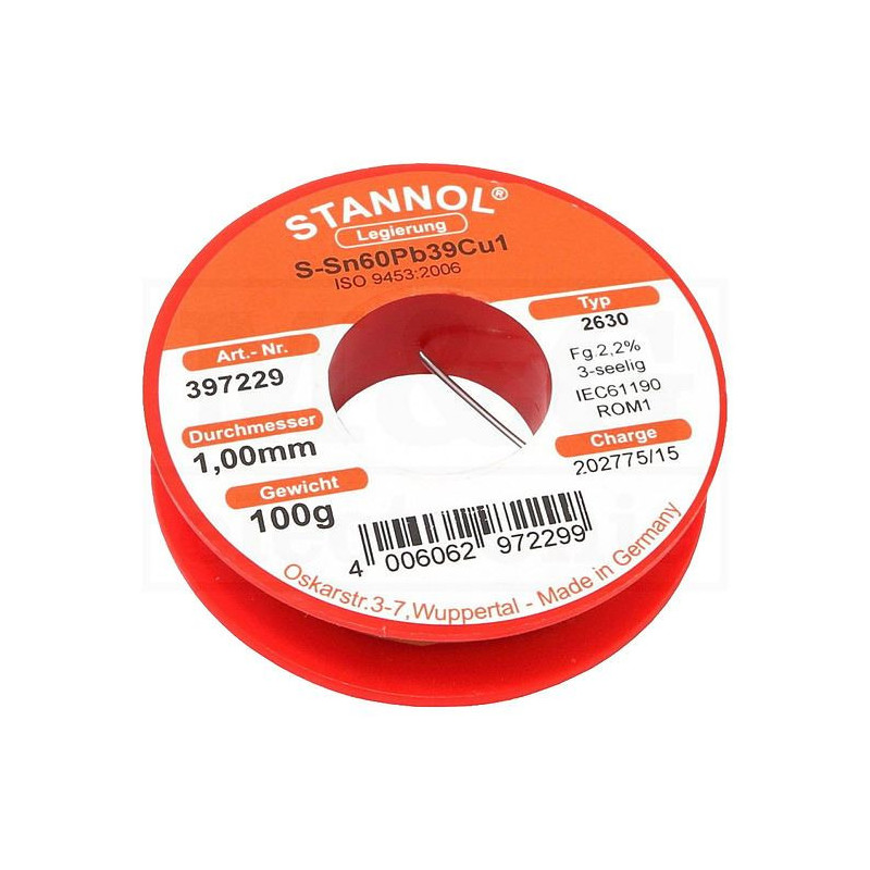 Stannol 2630 397229 soldeertin 1mm 100gram Stannol 2630 397229 soldeertin 1mm 100gram