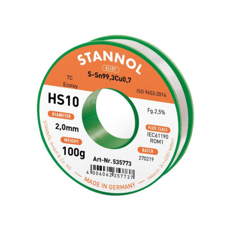 Stannol HS10 535773 soldeertin 2mm 100gram loodvrij | Soldeerbout-shop.nl