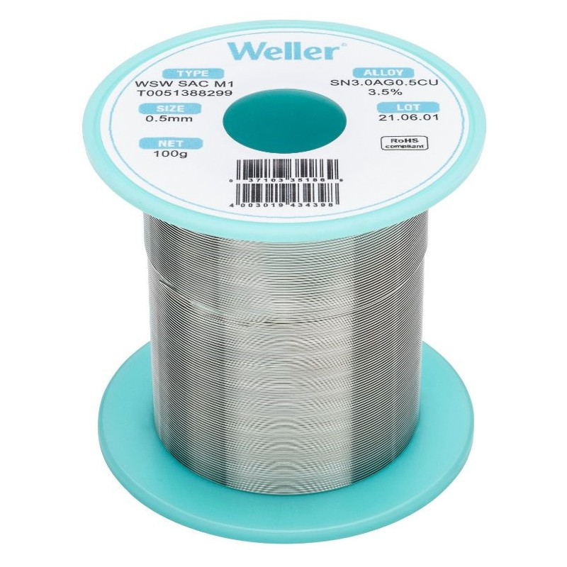 Weller WSW SAC M1 soldeertin 0,5mm 100gram loodvrij met zilver Weller WSW SAC M1 soldeertin 0,5mm 100gram loodvrij met zilver