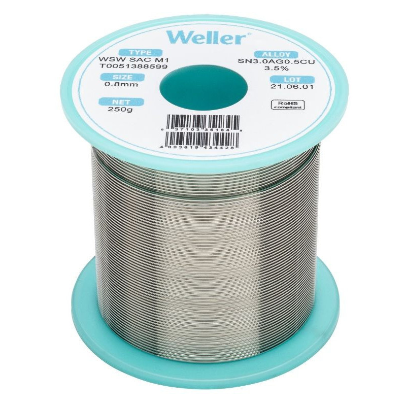 Weller WSW SAC M1 soldeertin 0,8mm 250gram loodvrij met zilver Weller WSW SAC M1 soldeertin 0,8mm 250gram loodvrij met zilver