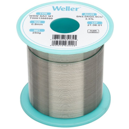 Weller WSW SAC M1 soldeertin 0,8mm 250gram loodvrij met zilver | Soldeerbout-shop.nl