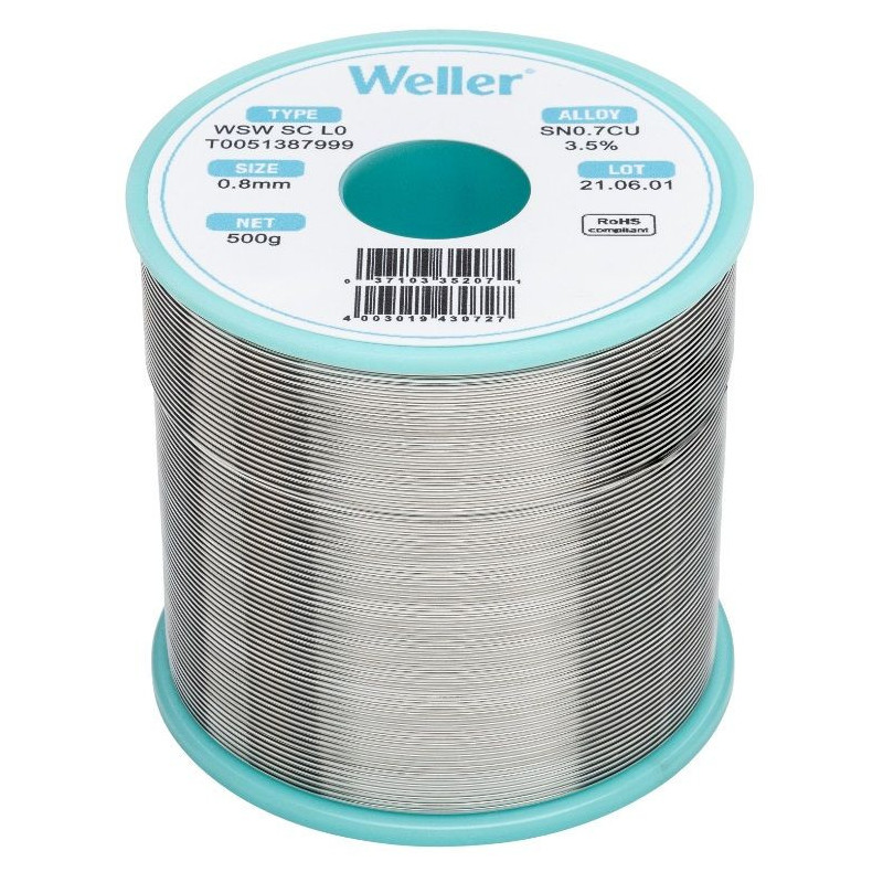 Weller WSW SC L0 soldeertin 0,8mm 500gram loodvrij Weller WSW SC L0 soldeertin 0,8mm 500gram loodvrij